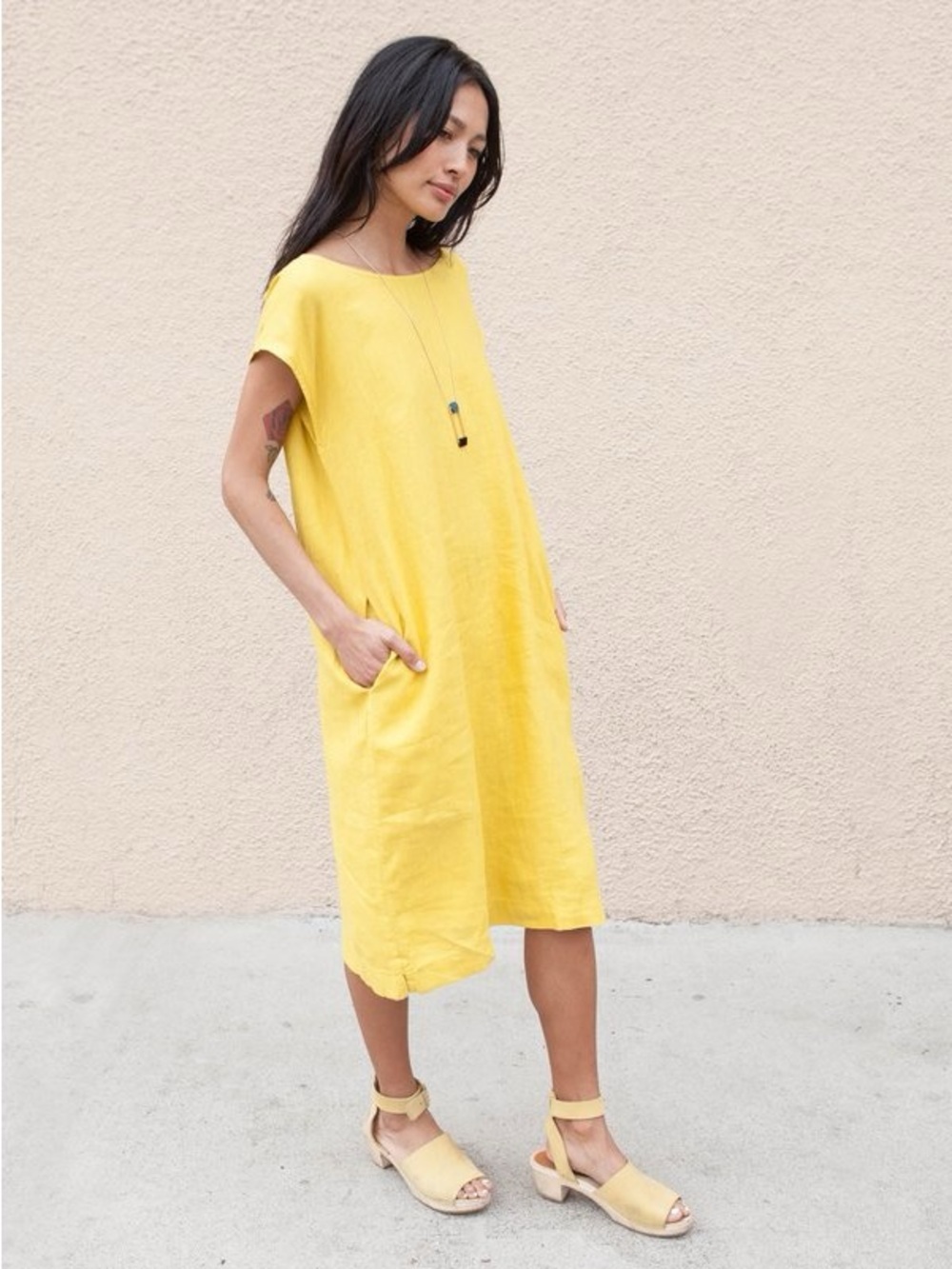 ESBY 100% Linen Reversible Malia Dress in Yellow Size Small VGUC